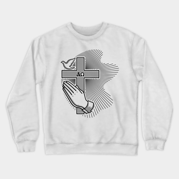 The cross of Jesus, praying hands and a dove - a symbol of the Holy Spirit Crewneck Sweatshirt by Reformer